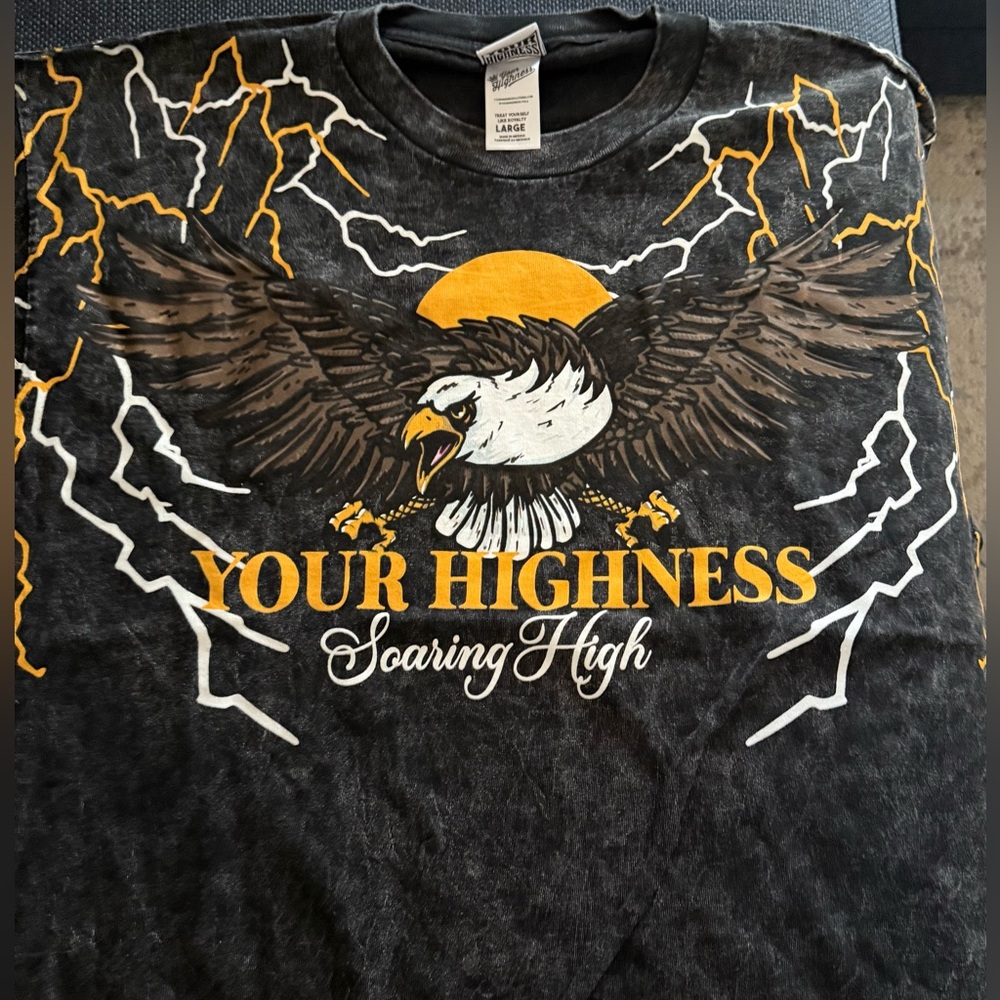 Your Highness “Soaring High” Eagle Lightning Graphic Tee — Washed Black, Size L🔥